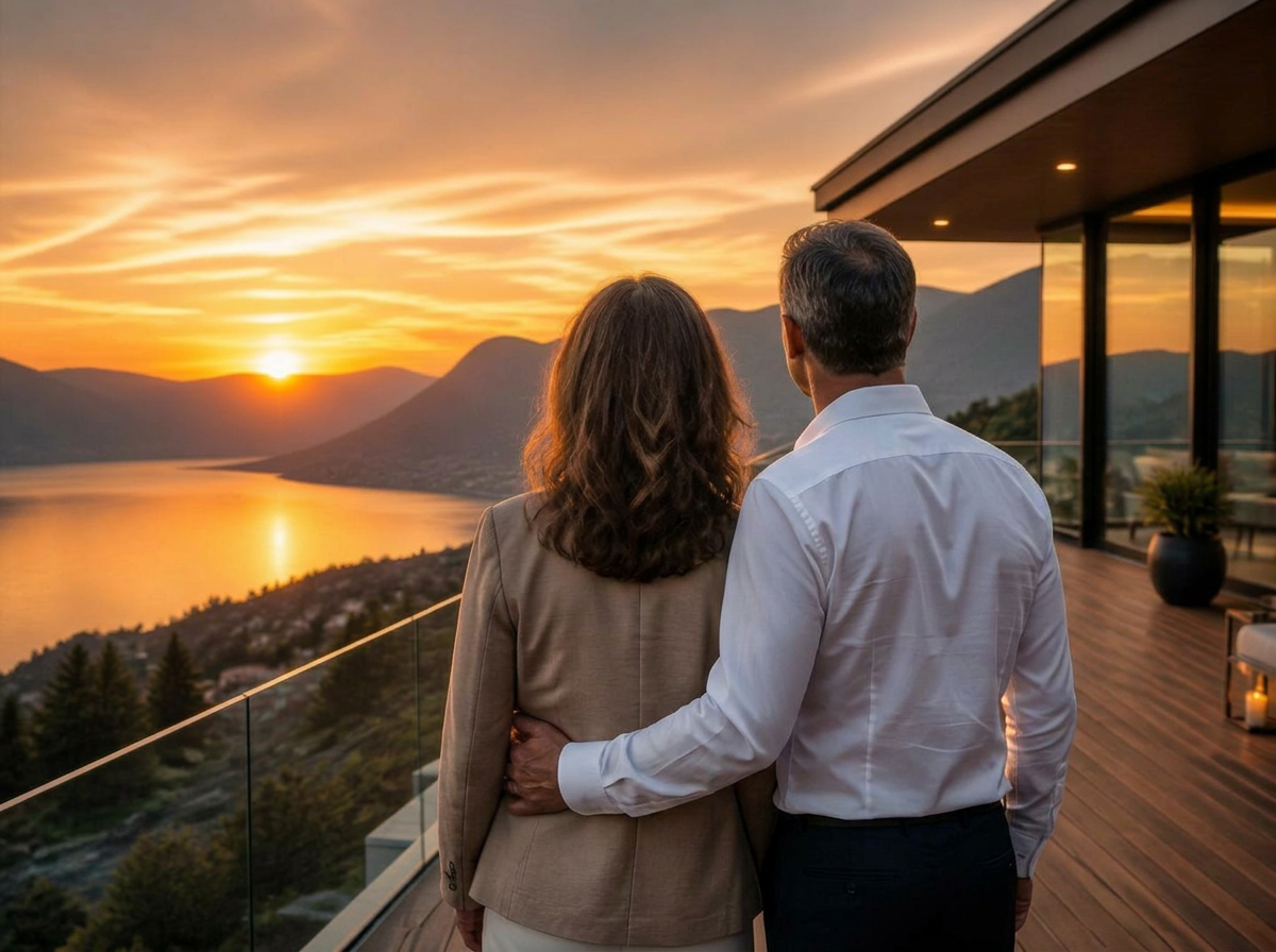 Couple de cadres seniors vus de dos, regardant l'horizon au coucher du soleil